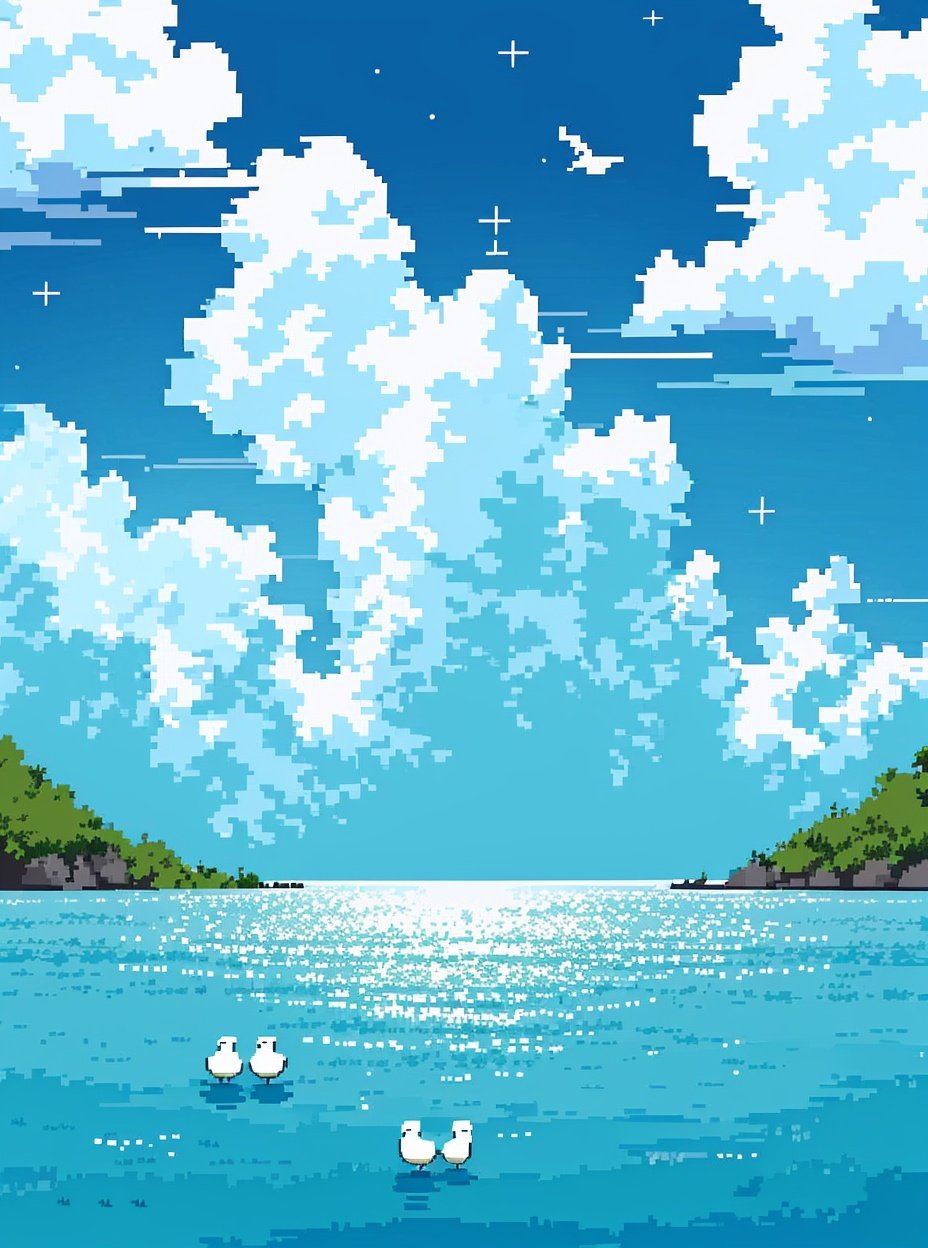 <lora:pixel worldv2:0.8>,pixel world,sea:1.3, sea birds,blue sky:1.1