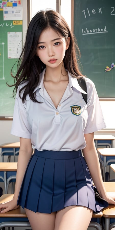 (masterpiece, best quality), realistic photo, instagram, vivid color, high dynamic contrast, 1girl, parted lips, school uniform, classroom, school bag, light rays, glow, thighs, collarbone, narrow waist,