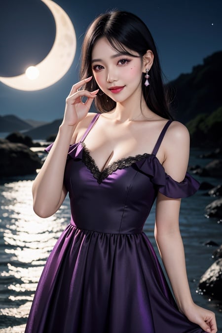 colorful, 1girl, medium breasts, parted lips, blush, makeup, finger in own mouth, light smile, black hair, purple eye, dress, moonlight, scenery, collarbone, narrow waist, earring, chromatic aberration,