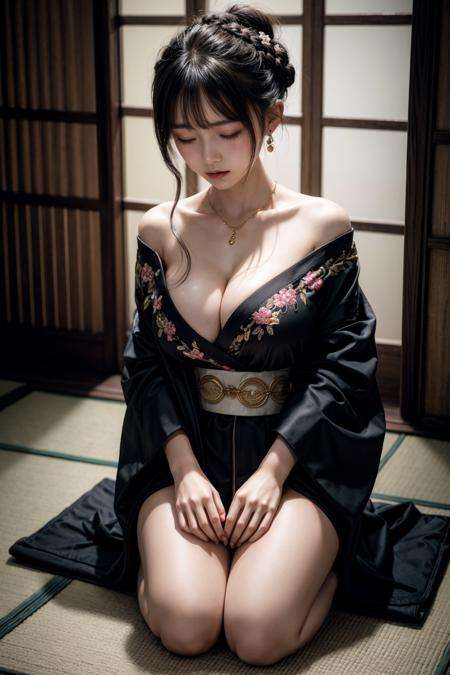 ((masterpiece, best quality)), intricate details, 1 girl, black braided bun, large breasts, kimono, off shoulder, hairpin, earrings, necklace, (seiza:1.3), bow down head, closed eyes, hands on thighs, ryokan, <lora:moreDetails:0.66>,