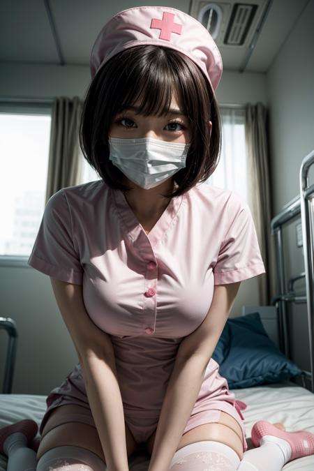 ((masterpiece, best quality)), intricate details, bob cut, pink nurse cap, pink nurse costume, white thighhighs, surgical mask, smile, (wariza:1.3), from below, looking at viewer, pov, hospital, on hospital bed, <lora:moreDetails:0.66>,