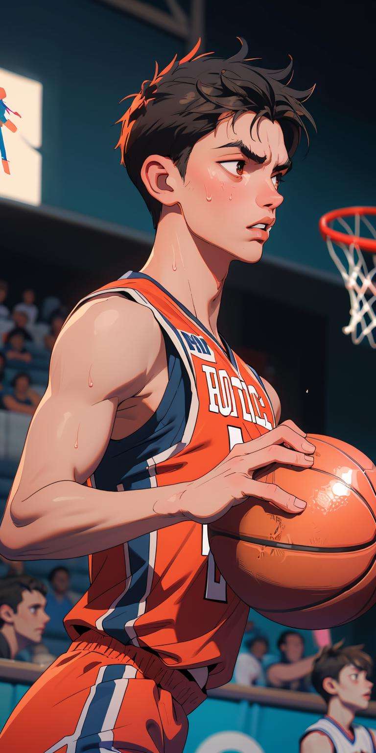 (masterpiece, best quality), 1boy, sleeveless, basketball, sweat, dutch angle, upper body, pose, parted lips, blurry background