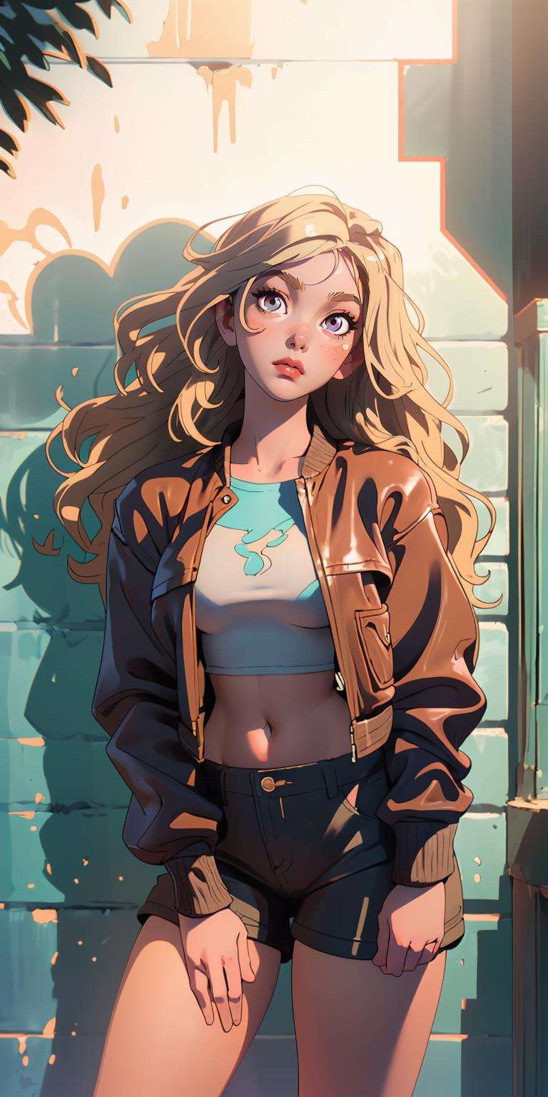 (masterpiece, best quality),  1girl, (oversized leather jacket), navel, thick thighs, shorts, ((intricate, leaning against the wall, dappled sunlight, poster)), long hair, upper body, wavy hair, blonde, hand in pocket, head tilt, wide hips