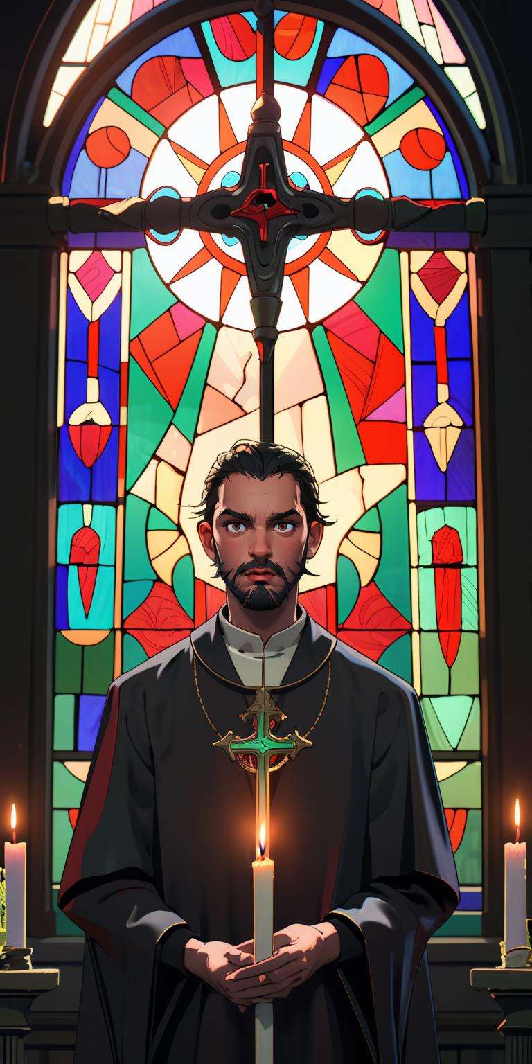 (masterpiece, best quality), 1boy, beard, solo focus, exorcist priest, cassock, upper body, dark mood, stained glass, backlighting, ((intricate)), candle