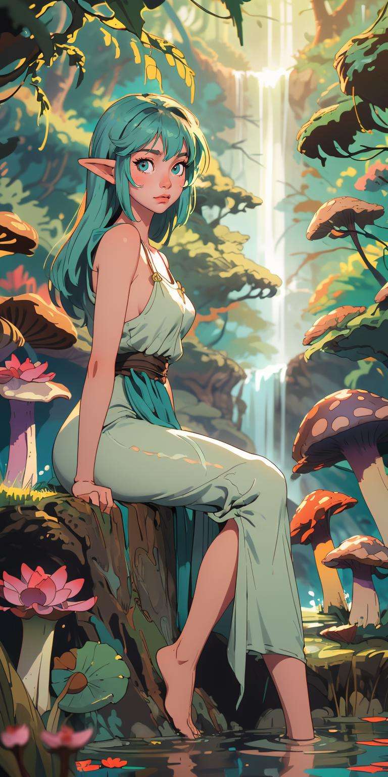 (masterpiece, best quality), 1girl, solo, elf, mist, sundress, forest, sitting, in water, waterfall, looking at viewer, blurry foreground, dappled sunlight, moss, (intricate, lotus, mushroom)