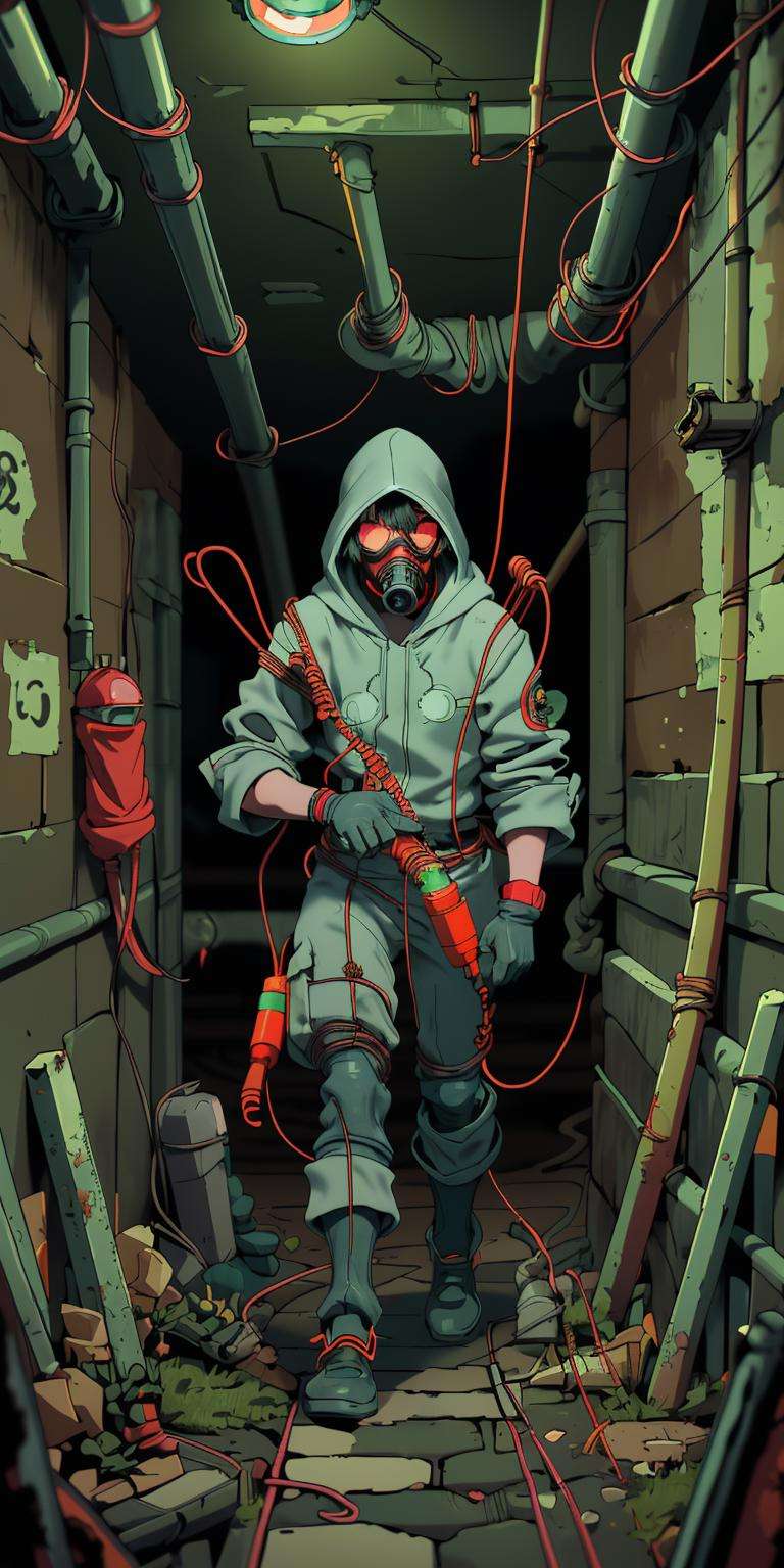 (masterpiece, best quality), 1boy, gas mask, ((goggles)), dark mood, hazard suit, hood up, gloves, dystopia, science fiction, intricate, (sewer, underground), moss, steam, industrial pipe, tubes, ((cable, wire)), geiger counter, fluorescent lamp, <lora:EpiNoiseoffset:1>