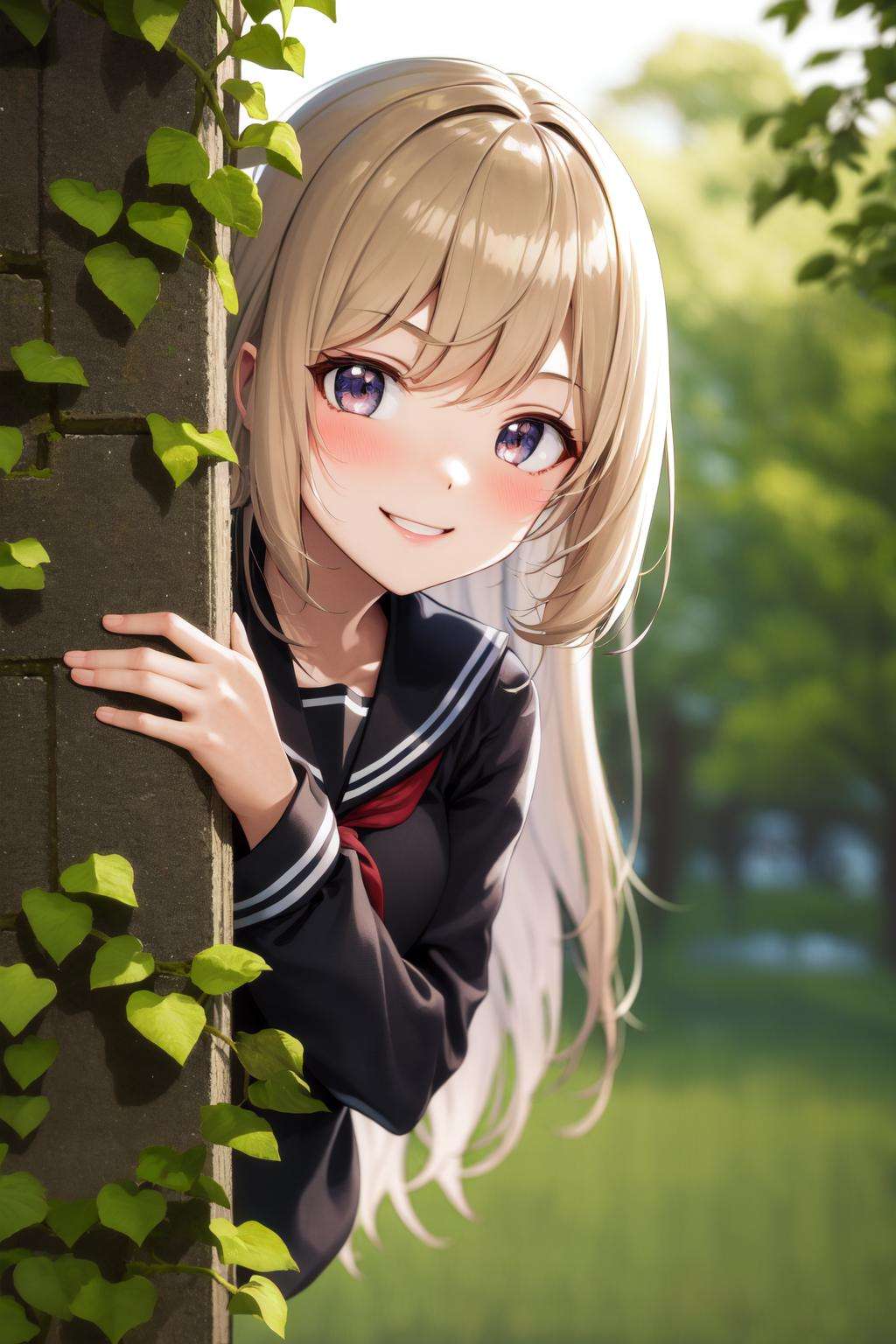 masterpiece, best quality, highres, 1girl smile, serafuku, peeking out upper body <lora:peeking_out_upper_body_pruned:1.4> leaves, flowers