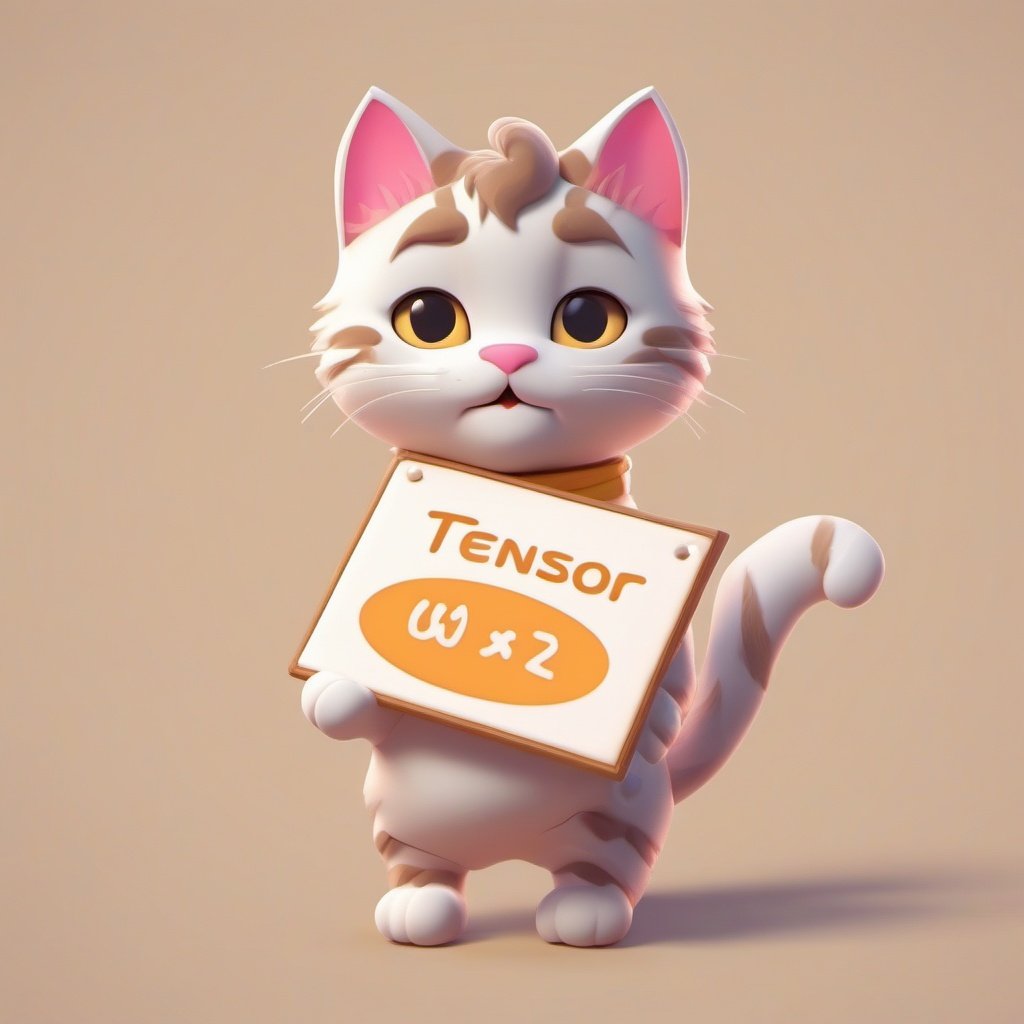 a cute cat holding a board written "Tensor", style, isometric digital painting, simple background, soft colors, 3D, octane rendering,