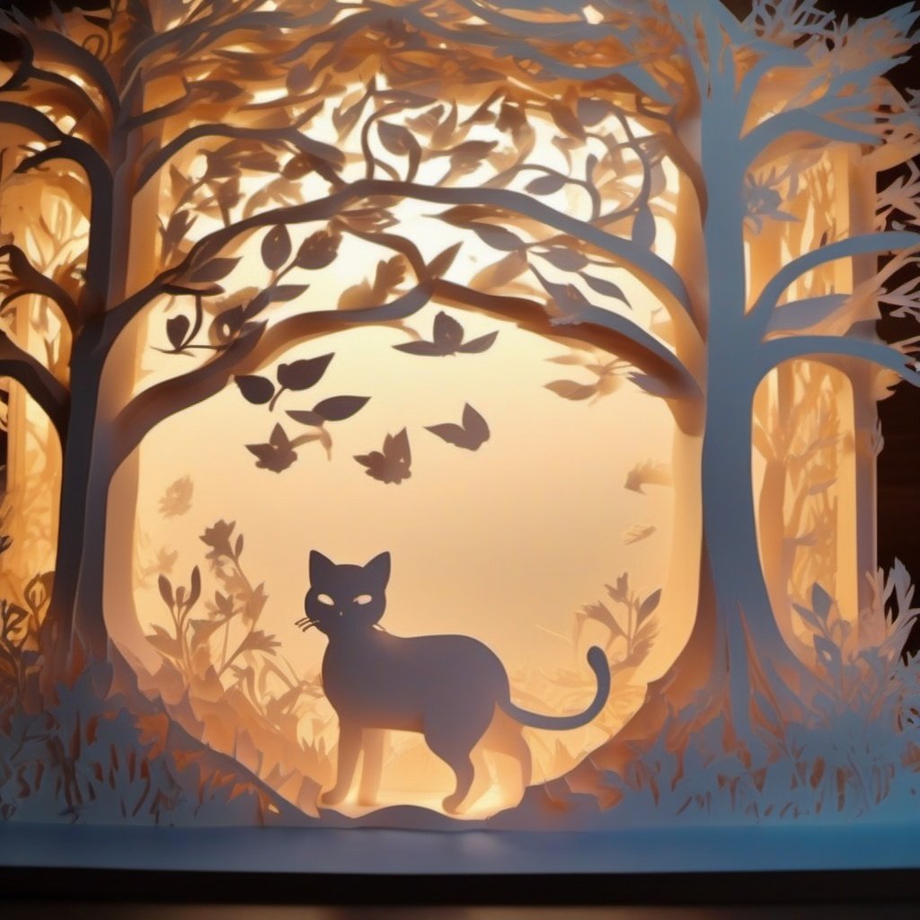 pop-up delicate paper carving artwork with soft backlight illumination,light in background, a cute cat under a tree, anime, cartoon, kawaii, amazing visual effect, soft color blending,closeup,silhouette,((masterpiece)), (((best quality))), ((ultra-detailed)), ((delicate details)), Strong contrast,