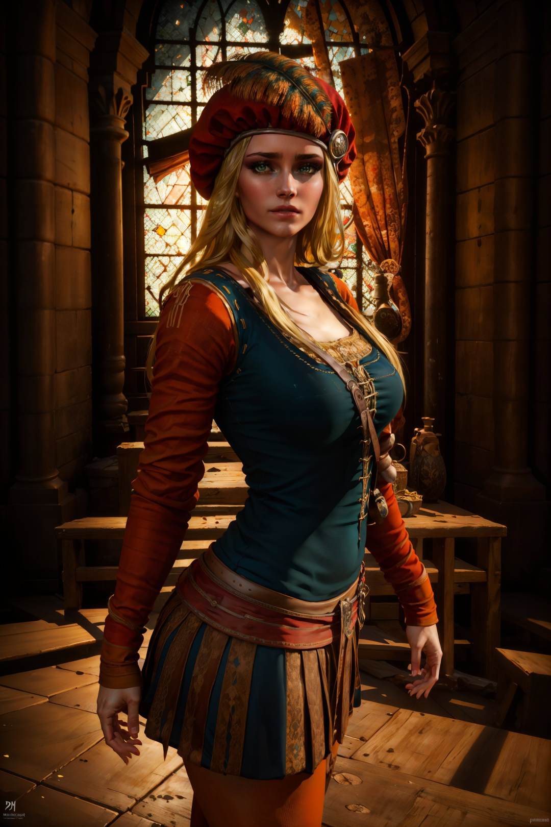 (masterpiece, top quality, best quality, official art, detailed:1.2), <lora:priscilla-20:0.7>, priscillaW3, 1girl, solo, long hair, breasts, looking at viewer, green eyes, blonde hair, long sleeves, red hat, realistic, stained glass