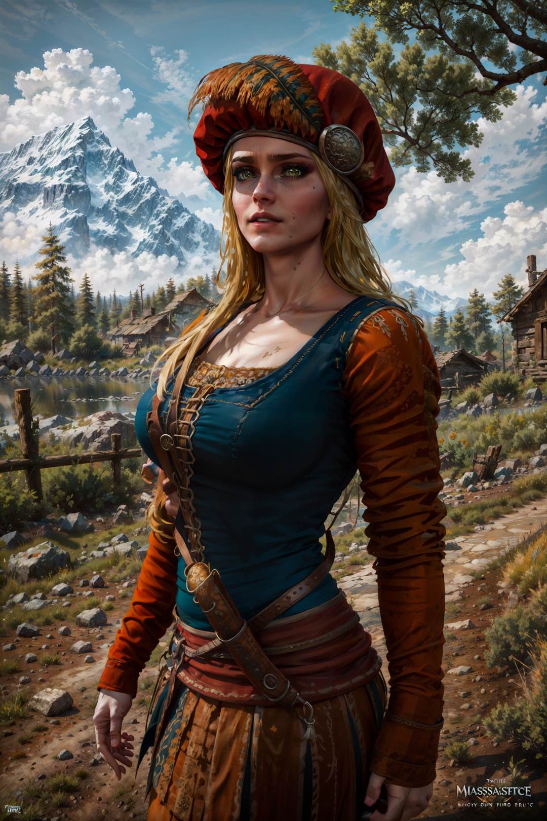 (masterpiece, top quality, best quality, official art, detailed:1.2), <lora:priscilla-20:0.7>, priscillaW3, 1girl, solo, long hair, breasts, looking at viewer, blonde hair, red hat, green eyes, outdoors, sky, day, cloud, tree, blue sky, mountain, realistic