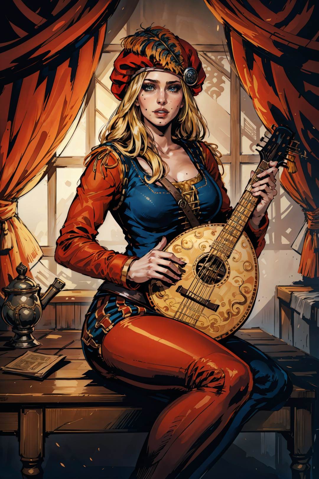 (masterpiece, top quality, best quality, official art, detailed:1.2), <lora:priscilla-20:0.7>, priscillaW3, 1girl, solo, long hair, looking at viewer, blonde hair, long sleeves, red hat, sitting, parted lips, blue pants, mole, curtains, instrument