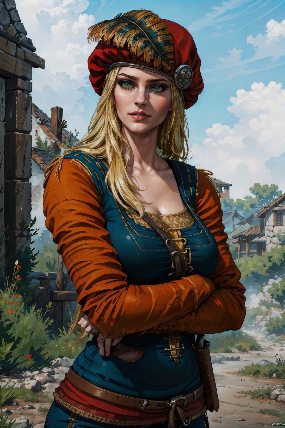 (masterpiece, top quality, best quality, official art, detailed:1.2), <lora:priscilla-20:0.7>,priscillaW3, 1girl, solo, long hair, looking at viewer, blonde hair, blue shirt, long sleeves, green eyes, upper body, red hat, crossed arms, realistic