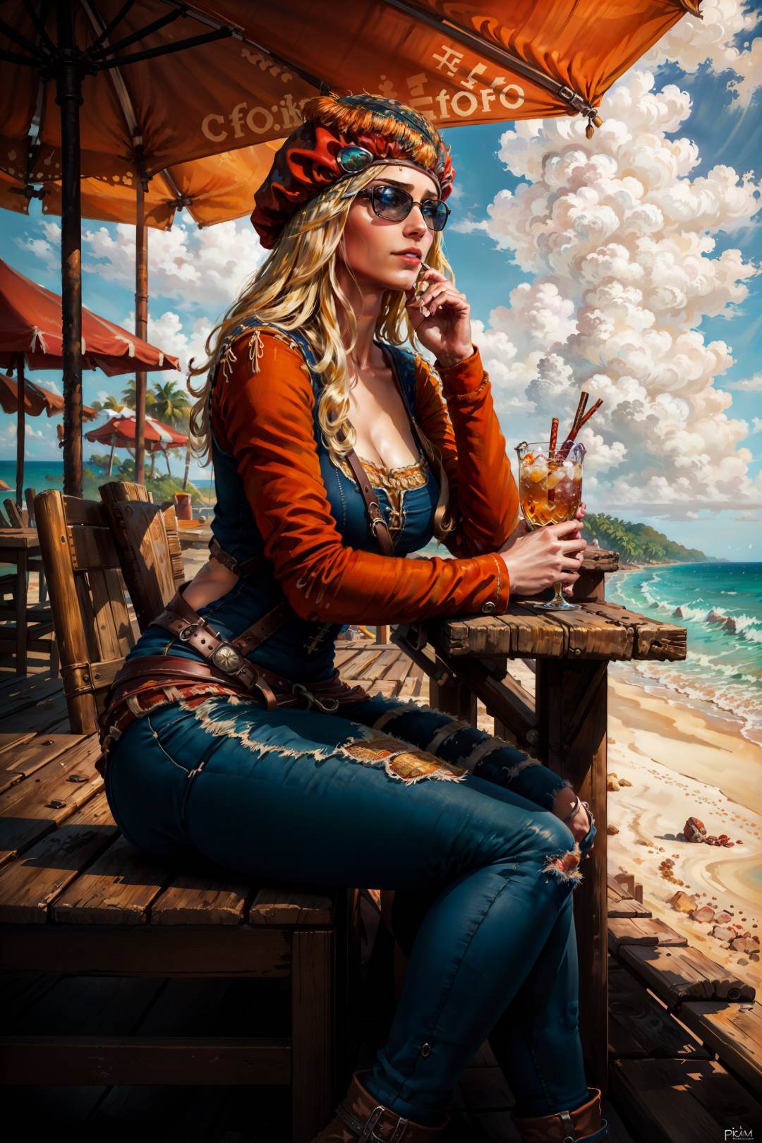 (masterpiece, top quality, best quality, official art, detailed:1.2), <lora:priscilla-20:0.7>, priscillaW3, sitting, cafe, tropical, holding, cocktail, looking away, sunglasses, (jeans:1.3), beach, seascape, cowboy shot, from side