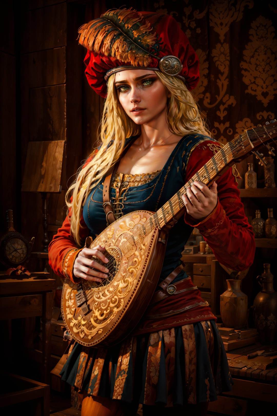 (masterpiece, top quality, best quality, official art, detailed:1.2), <lora:priscilla-20:0.7>, priscillaW3, 1girl, solo, long hair, looking at viewer, blonde hair, red hat, green eyes, instrument, realistic, holding instrument