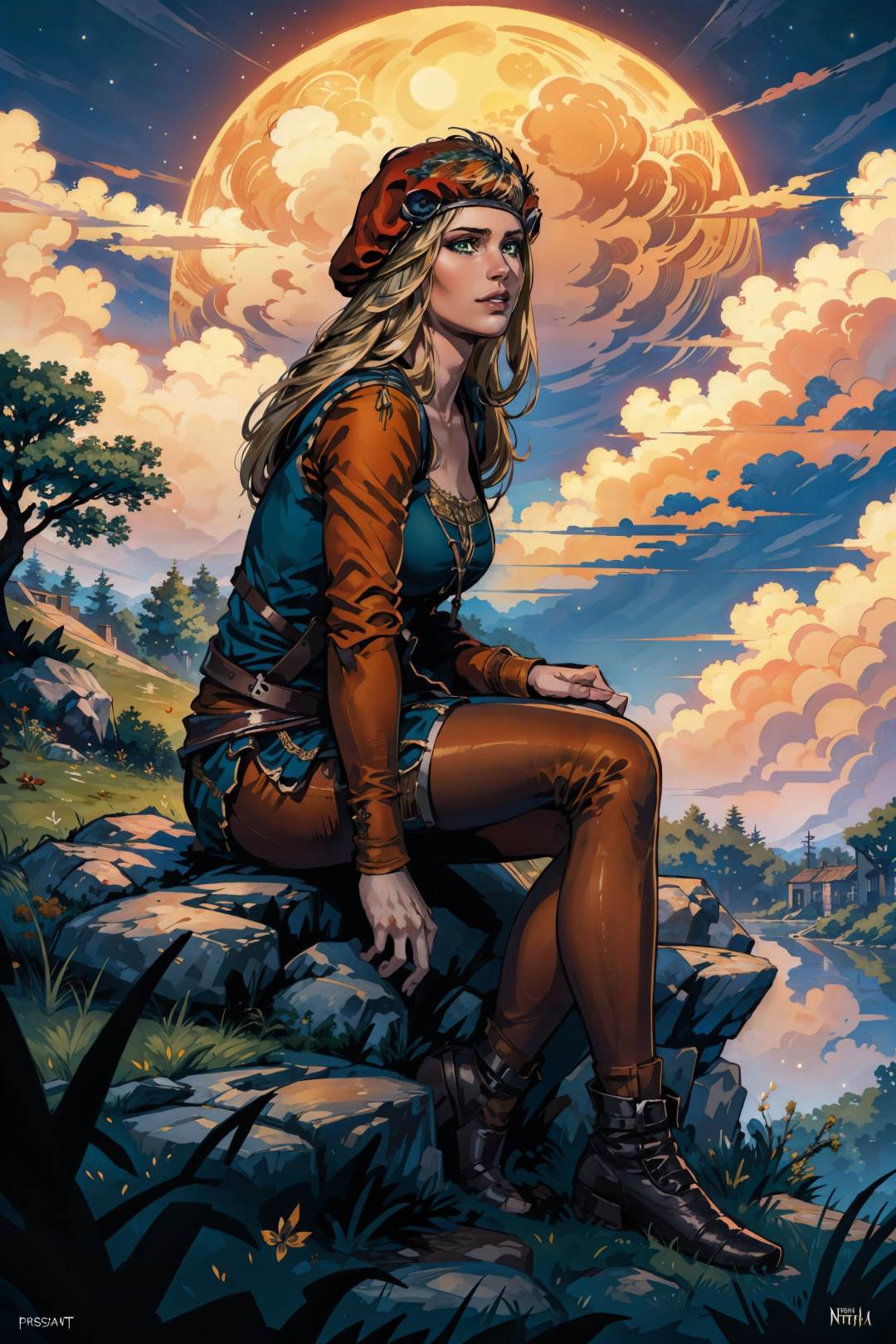 (masterpiece, top quality, best quality, official art, detailed:1.2), <lora:priscilla-20:0.7>,priscillaW3, green eyes, sitting, tree, sky, night, cloud, moon, scenery, from side