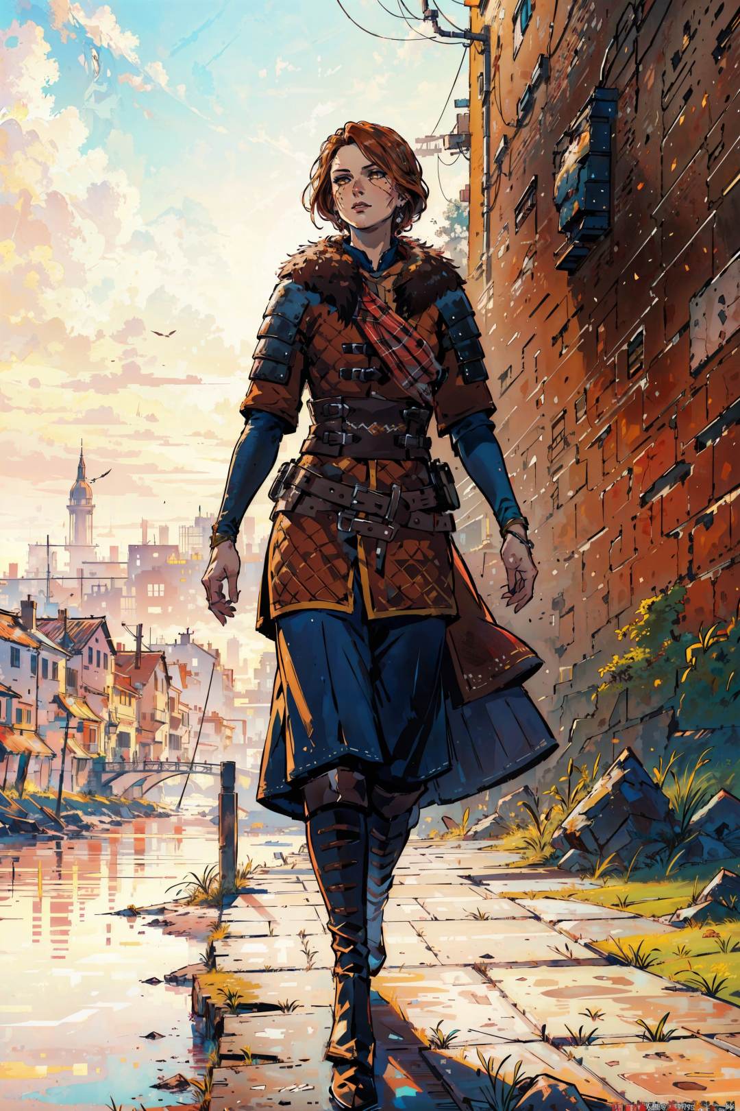 (masterpiece, top quality, best quality, official art, detailed:1.2), <lora:cerys:0.7>, cerysW3, 1girl, brown eyes, scar on face, looking away, full body , outdoors