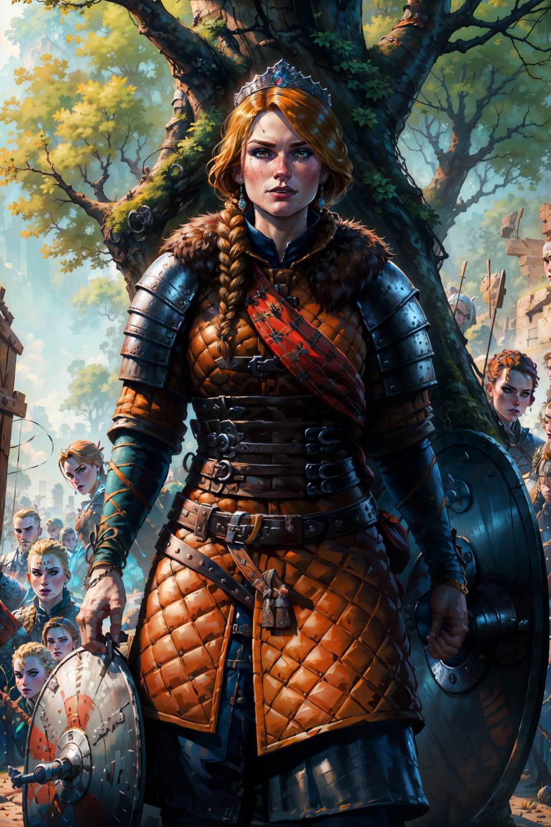 (masterpiece, top quality, best quality, official art, detailed:1.2), <lora:cerys:0.7>, cerysW3, 1girl, braid, jewelry, crown, earrings, multiple boys, solo focus, armor, tree, shoulder armor, shield, chainmail