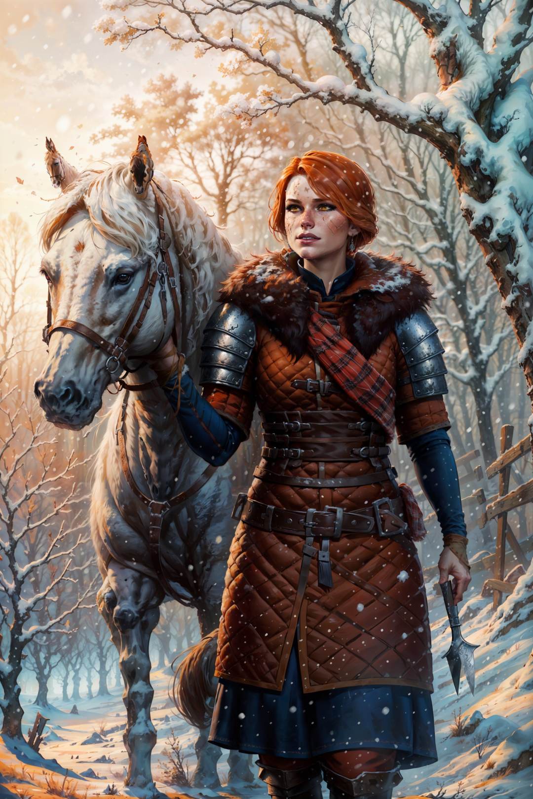 (masterpiece, top quality, best quality, official art, detailed:1.2), <lora:cerys:0.7>, cerysW3, 1girl, solo, red hair, outdoors, scar on face, armor, tree, fur trim, knife, shoulder armor, snow, snowing, winter, horse, bare tree