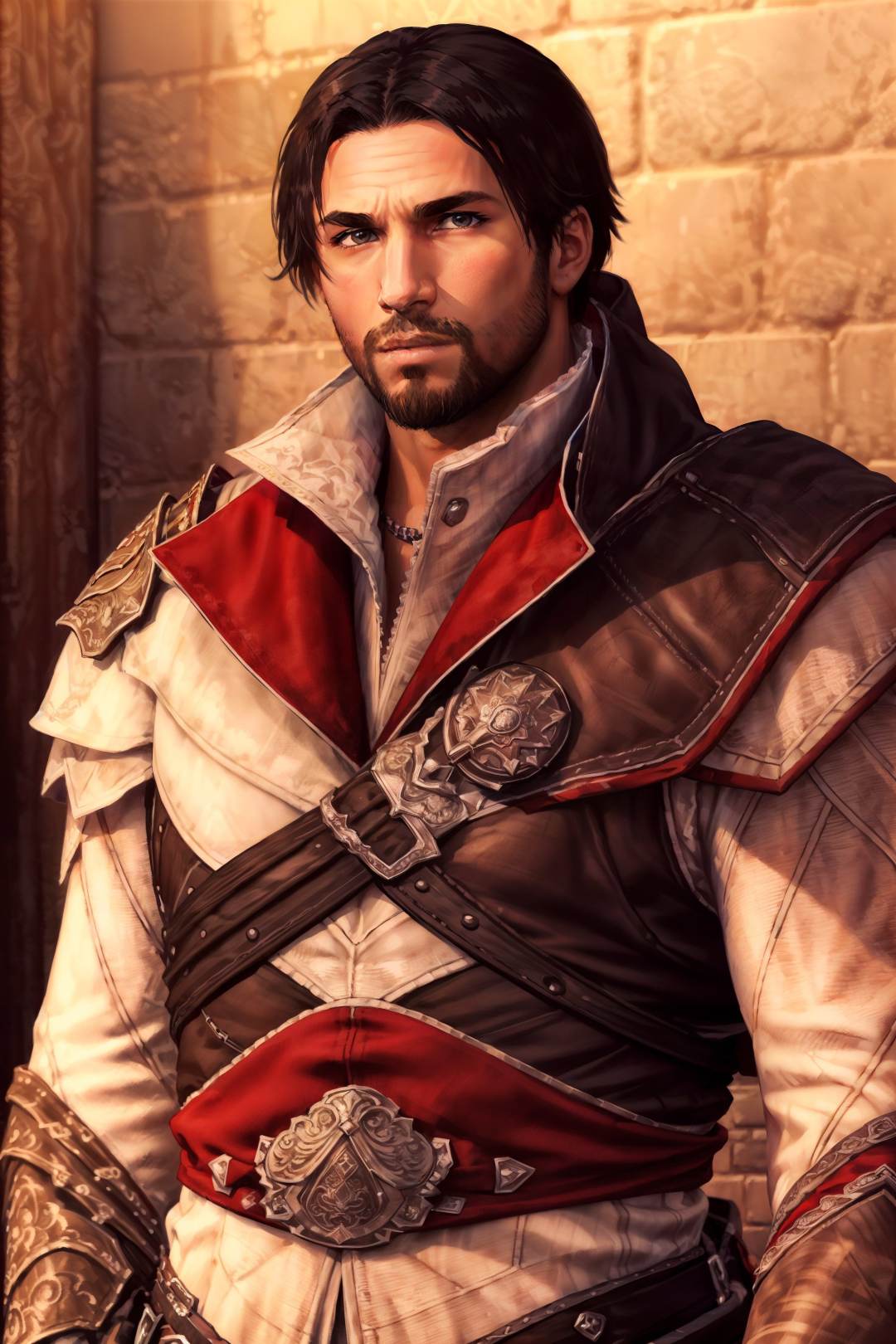 (masterpiece, top quality, best quality, official art, detailed:1.2),<lora:ezio:0.7>, ezio_soul3142, solo, black hair, 1boy, upper body, male focus, armor, looking to the side, facial hair, beard, realistic, manly