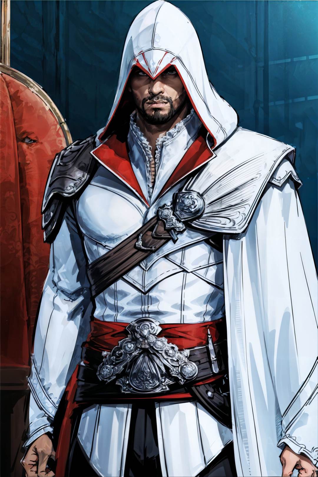 (masterpiece, top quality, best quality, official art, detailed:1.2),<lora:ezio:0.7>, ezio_soul3142, solo, 1boy, male focus, belt, hood, cape, facial hair, beard, realistic, vambraces, manly