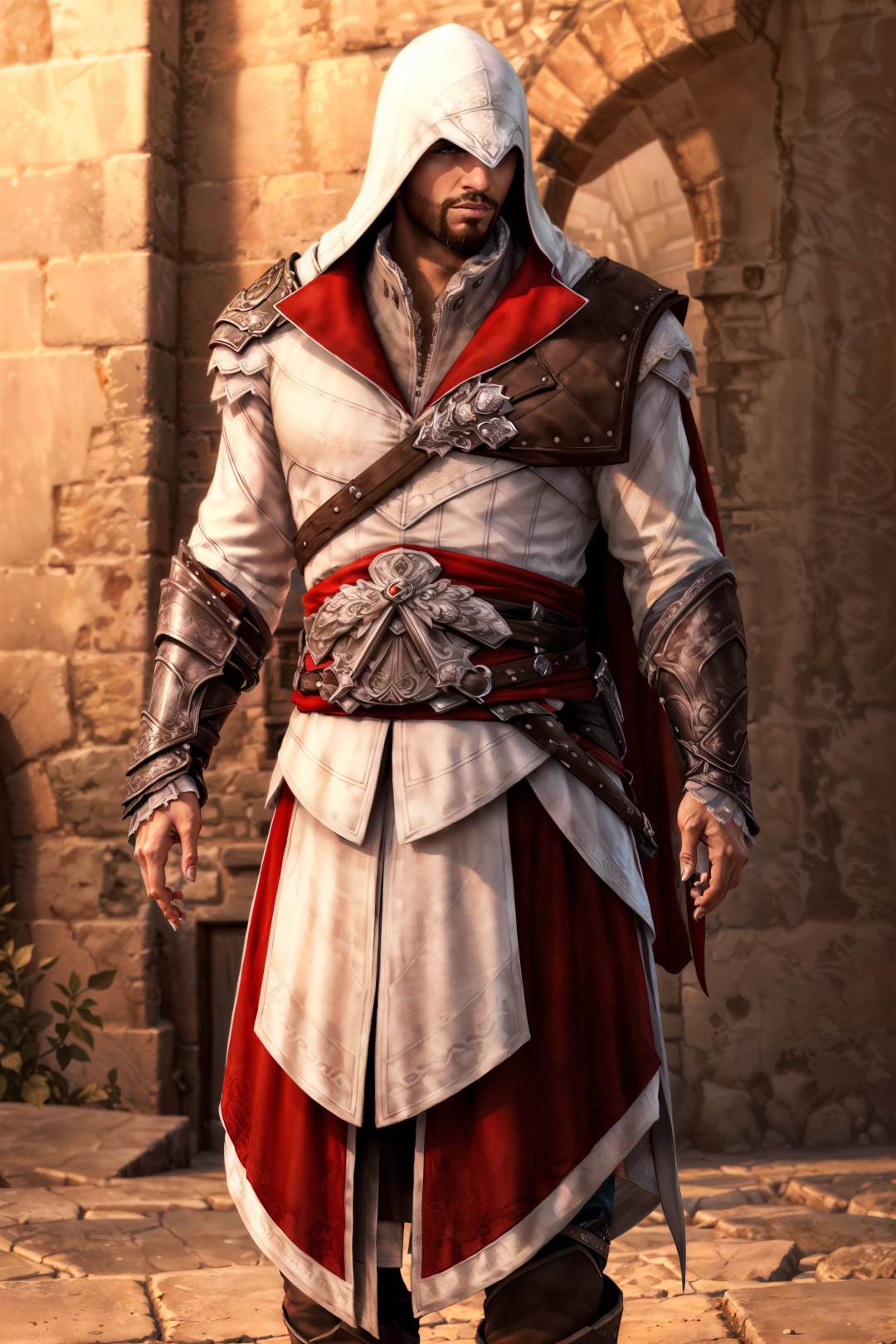 (masterpiece, top quality, best quality, official art, detailed:1.2),<lora:ezio:0.7>, ezio_soul3142, solo, 1boy, weapon, male focus, hood, armor, facial hair, blade, beard, realistic, vambraces, manly