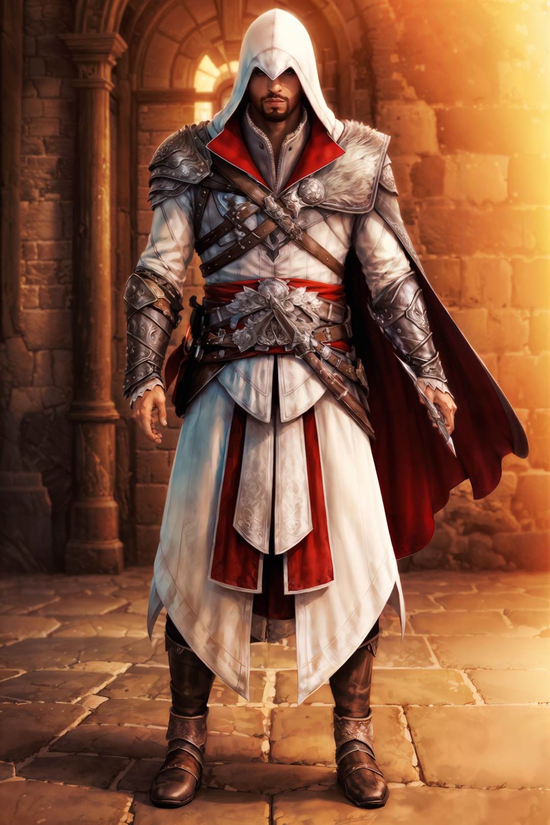 (masterpiece, top quality, best quality, official art, detailed:1.2),<lora:ezio:0.7>, ezio_soul3142, solo, 1boy, weapon, male focus, blade, hood, cape, armor, facial hair, beard, realistic, vambraces, manly