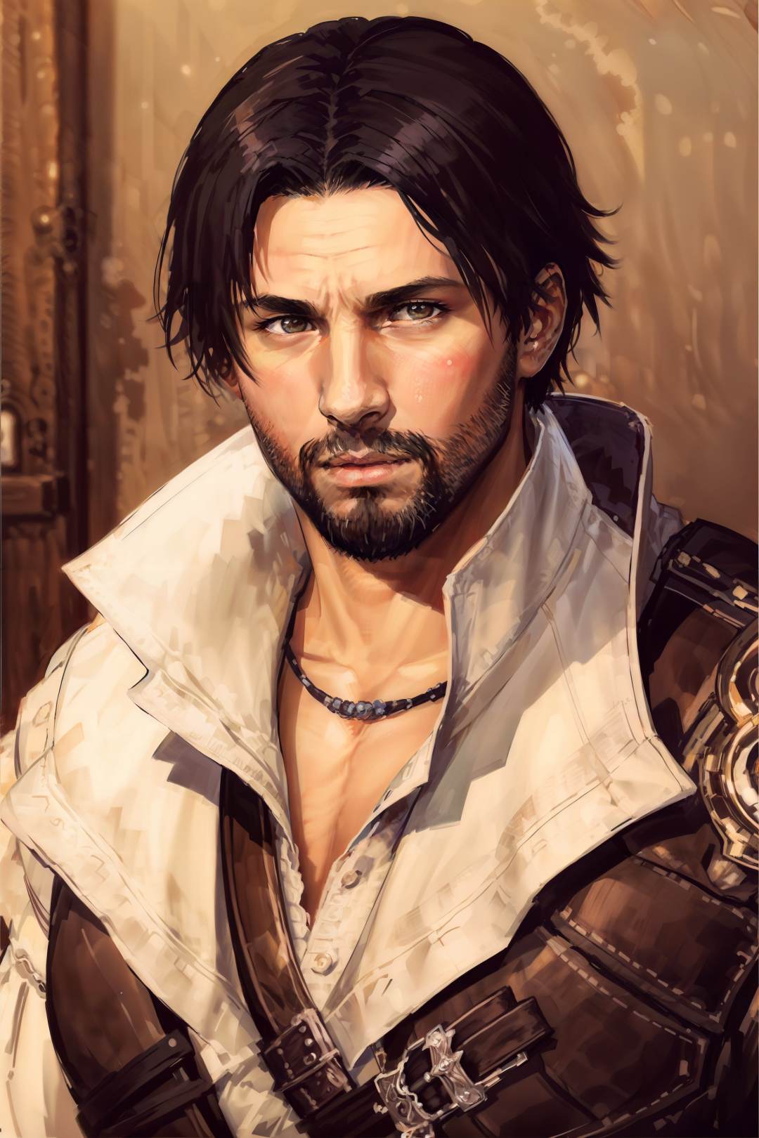 (masterpiece, top quality, best quality, official art, detailed:1.2),<lora:ezio:0.7>, ezio_soul3142, solo, black hair, 1boy, brown eyes, upper body, male focus, looking to the side, facial hair, beard, realistic, mustache, manly