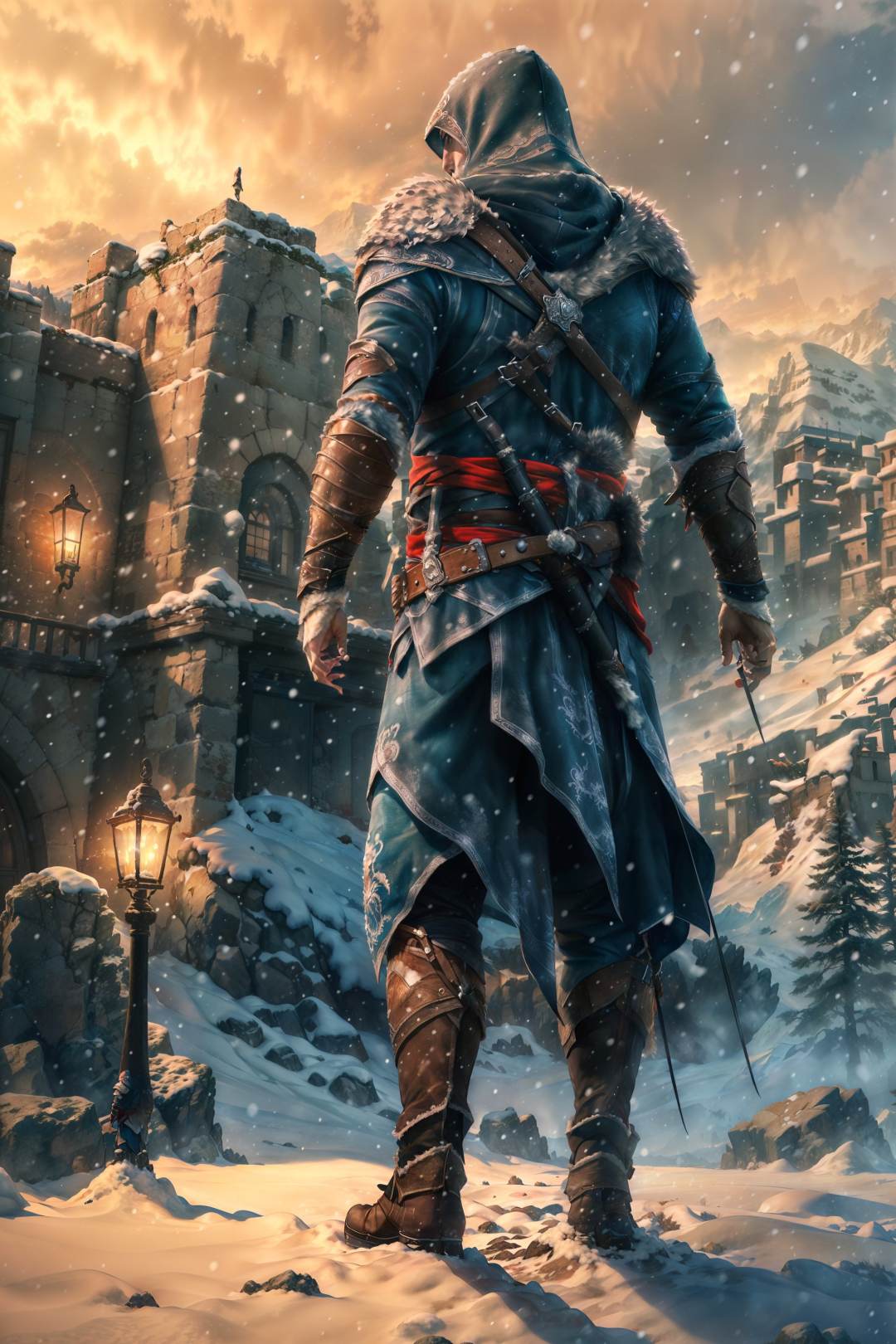 (masterpiece, top quality, best quality, official art, detailed:1.2),<lora:ezio:0.7>, ezio_soul3142, solo, 1boy, standing, weapon, male focus, outdoors, sky, belt, hood, armor, fur trim, night, snow, snowing, mountain, vambraces