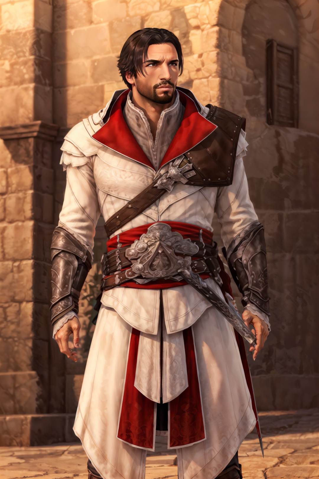 (masterpiece, top quality, best quality, official art, detailed:1.2),<lora:ezio:0.7>, ezio_soul3142, solo, black hair, 1boy, weapon, male focus, blade, armor, facial hair, beard, realistic, mustache, manly