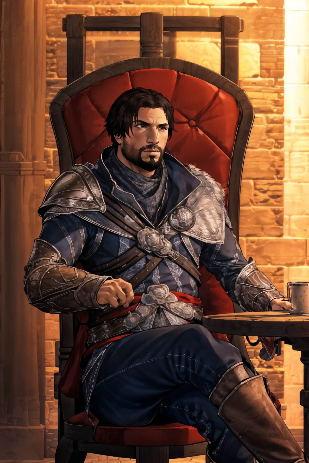 (masterpiece, top quality, best quality, official art, detailed:1.2),<lora:ezio:0.7>, ezio_soul3142, solo, black hair, 1boy, brown eyes, sitting, male focus, armor, facial hair, chair, beard, chainmail