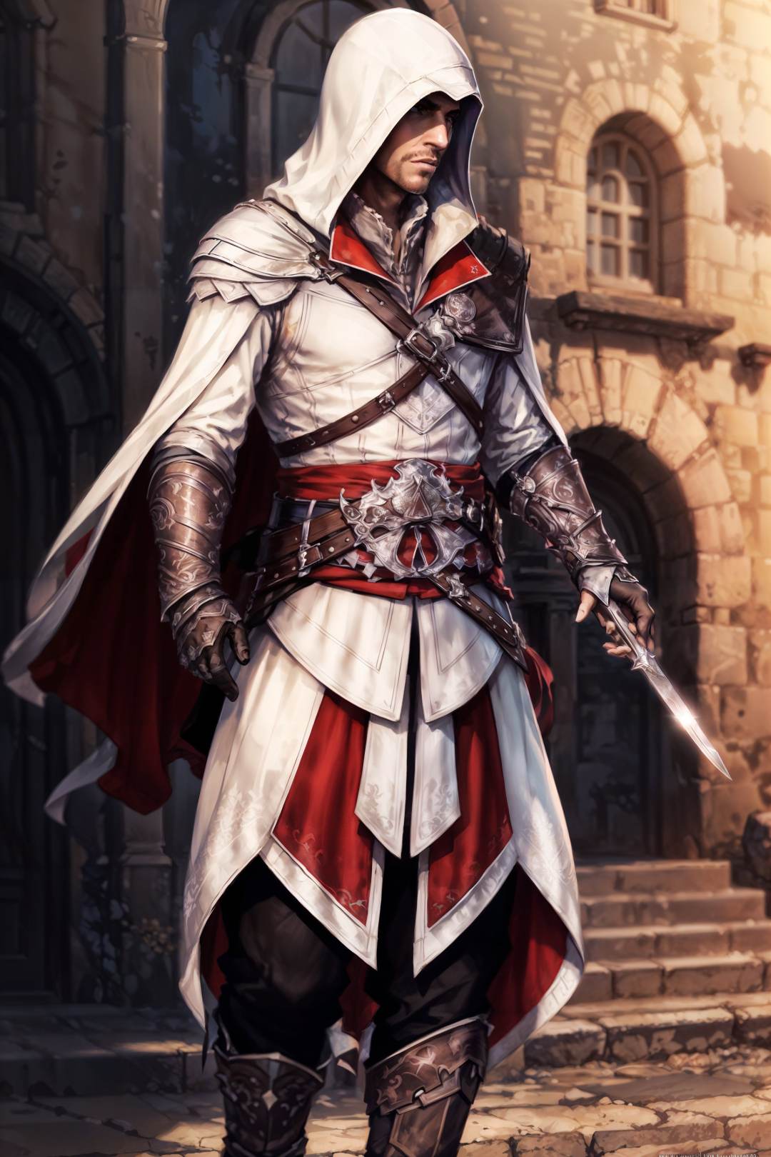 (masterpiece, top quality, best quality, official art, detailed:1.2),<lora:ezio:0.7>, ezio_soul3142, solo, gloves, 1boy, weapon, male focus, blade, hood, cape, armor, vambraces