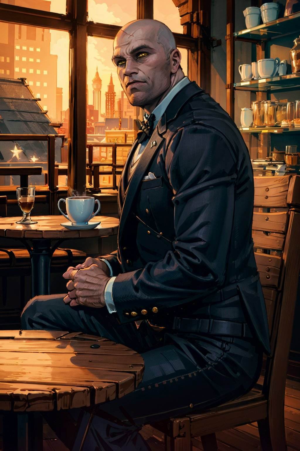 (masterpiece, top quality, best quality, official art, detailed:1.2),  <lora:letho:0.7>, letho_soul3142, (tuxedo:1.2), bowtie, yellow eyes, sitting, chair, coffee, table, cafe, window, street, city, from side,