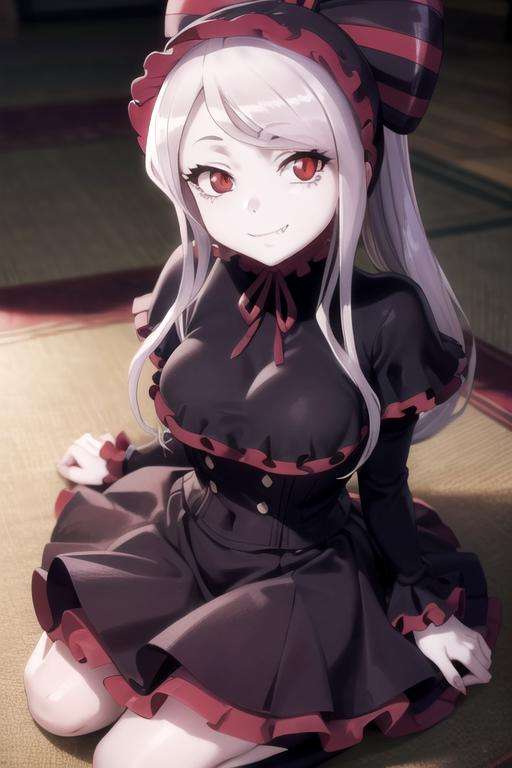 (((picture perfect))), (absurdres), 1girl, solo, <lora:shalltear-overlord:0.8>, shalltear bloodfallen, frilled dress, gothic, bonnet, hair bow, fang out, looking at viewer, smile