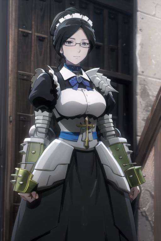 (((picture perfect))), (absurdres), 1girl, solo, <lora:yuri-overlord:0.8>, yuri alpha, maid, armor, armored dress, gauntlets, looking at viewer, closed mouth