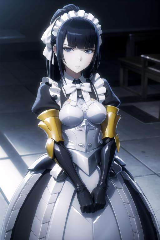 (((picture perfect))), (absurdres), 1girl, solo, <lora:narb-overlord:0.8>, narberal gamma, maid, armor, gloves, maid headdress, looking at viewer, expressionless