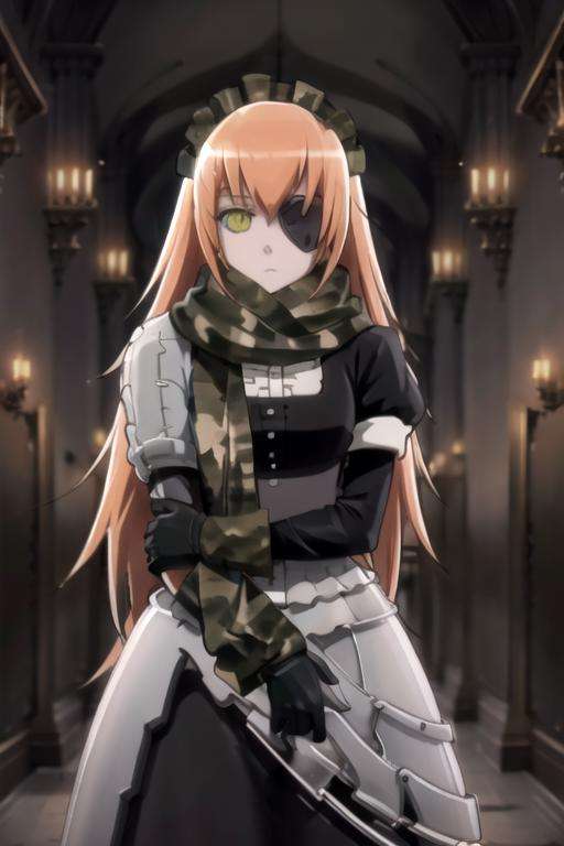 (((picture perfect))), (absurdres), 1girl, solo, <lora:cz-overlord:0.8>, cz2128 delta, eyepatch, maid, maid headdress, scarf, camouflage, armor, gloves, v arms, looking at viewer, expressionless