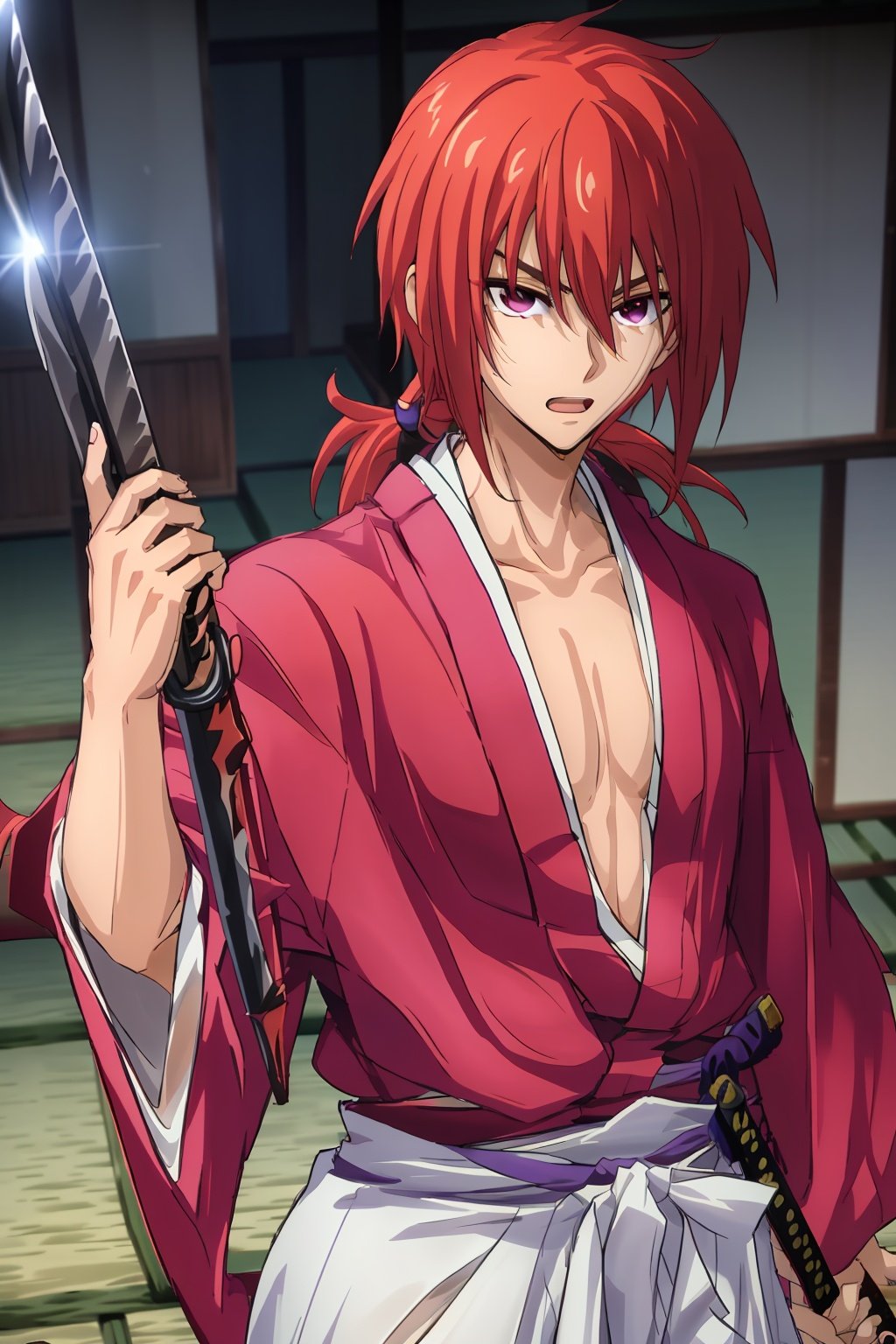 SamuraiXQuiron man, solo, long hair, looking at viewer, skirt, 1boy,  holding, closed mouth, purple eyes, ponytail, weapon, male focus, red hair, japanese clothes, sword, kimono, holding weapon, scar, holding sword, katana,  hakama, scar on face, sheathed, red kimono, samurai, ready to draw, <lora:quiron_SamuraiX_v1_Lora:1>