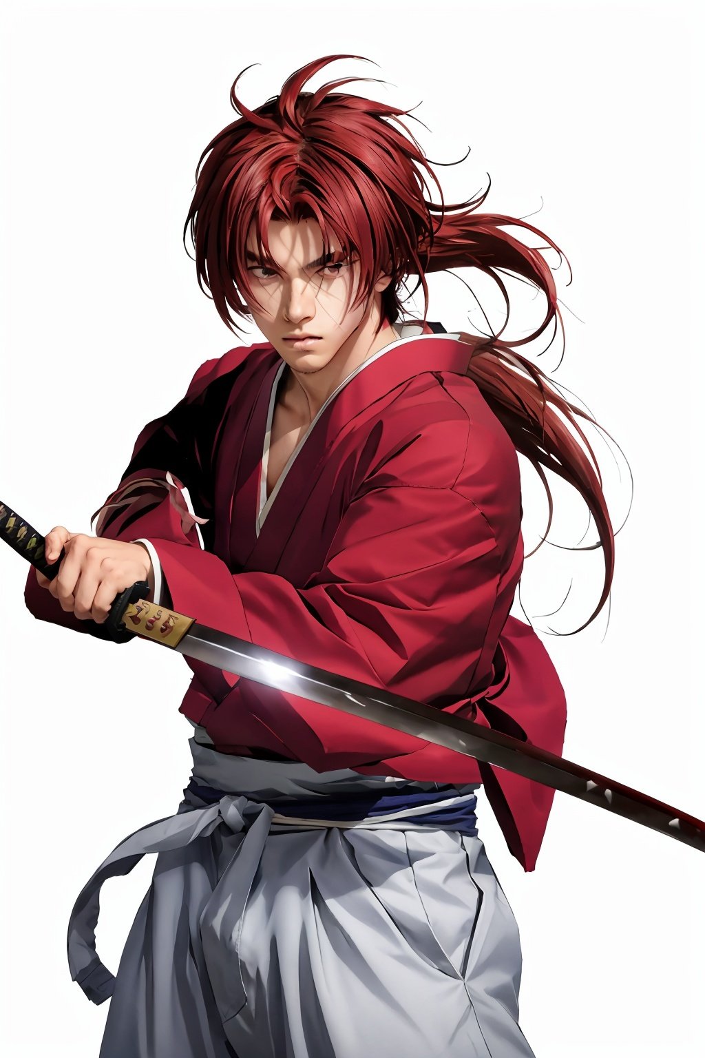 SamuraiXQuiron man, solo, long hair, 1boy, white background, ponytail, weapon, male focus, red hair, japanese clothes, sword, kimono, scar, katana, sheath, scar on face, sheathed, unsheathing, samurai, ready to draw,<lora:quiron_SamuraiX_v1_Lora:0.77>