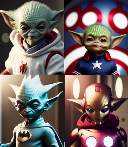 realistic portait of scary (baby yoda:0.8) as spiderman, pdalns, seamless, epic, cinematic, intricate detail, award winning, great lighting, shading, high quality, detailed