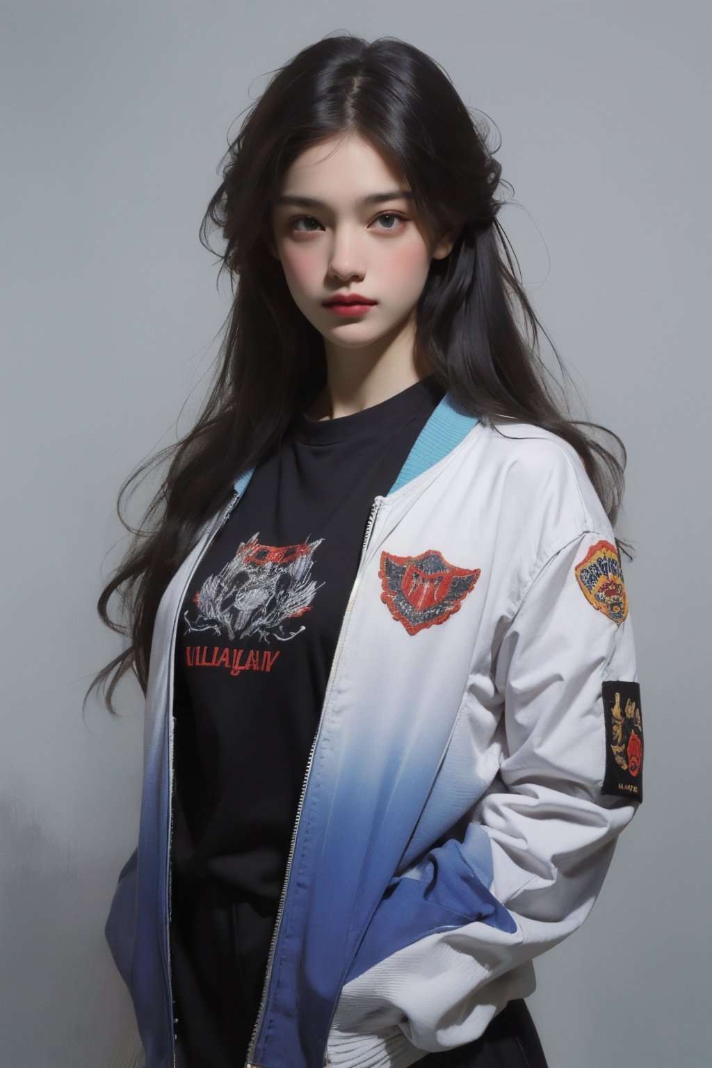 Best quality,masterpiece,ultra high res,gradient,auburn,upper body,letter jacket,top-down bottom-up,