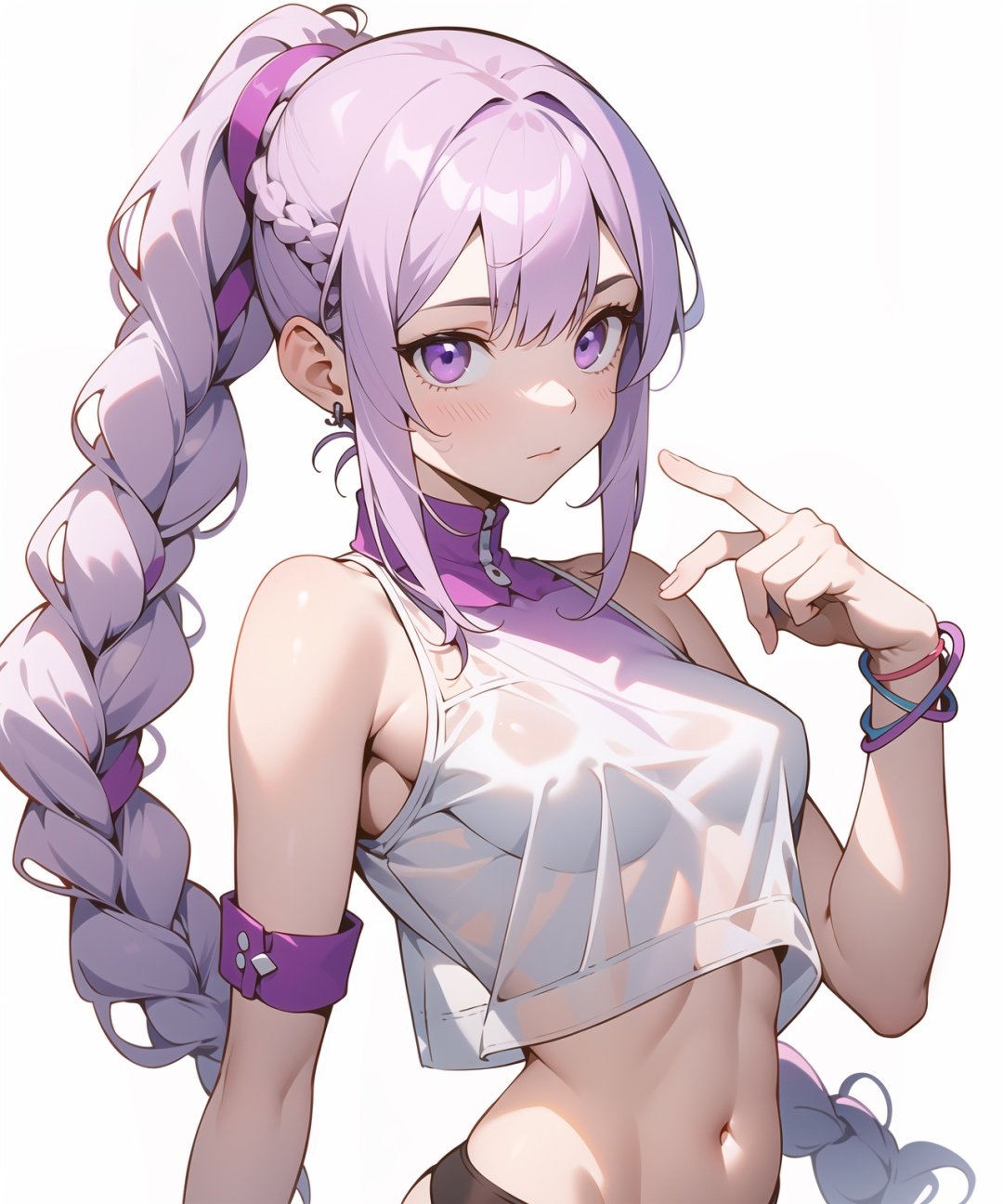 1girl,bracelet,white purple hair,long braided twintails ponytail,see-through bangs,crop_top underwear,