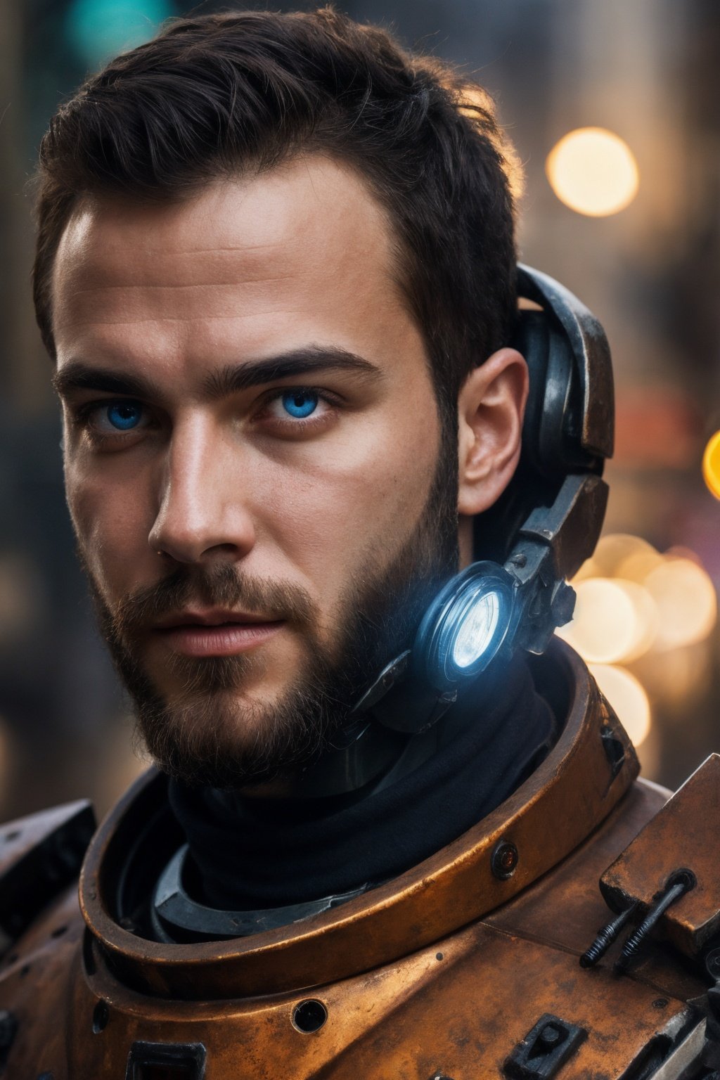 Portrait photo of muscular bearded guy in a worn mech suit, ((light bokeh)), intricate, (steel metal [rust]), elegant, sharp focus, photo by greg rutkowski, soft lighting, vibrant colors, (masterpiece), ((streets)), (detailed face:1.2), (glowing blue eyes:1.1)