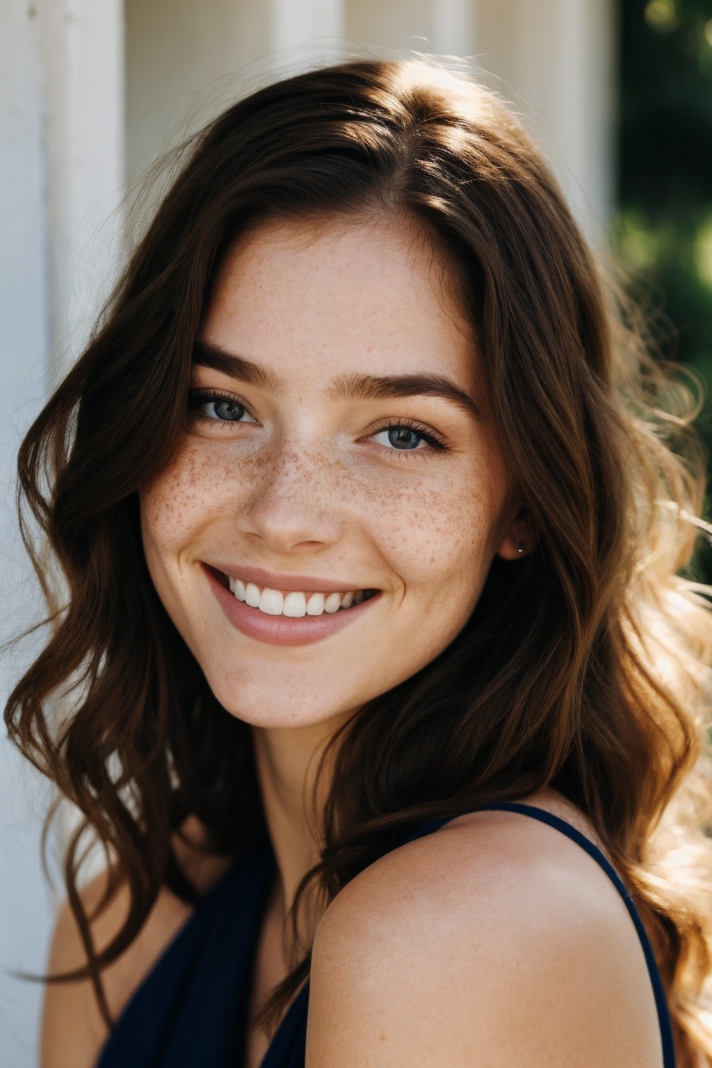 beautiful lady, freckles, big smile, dark makeup, hyperdetailed photography, soft light, head and shoulders portrait, cover