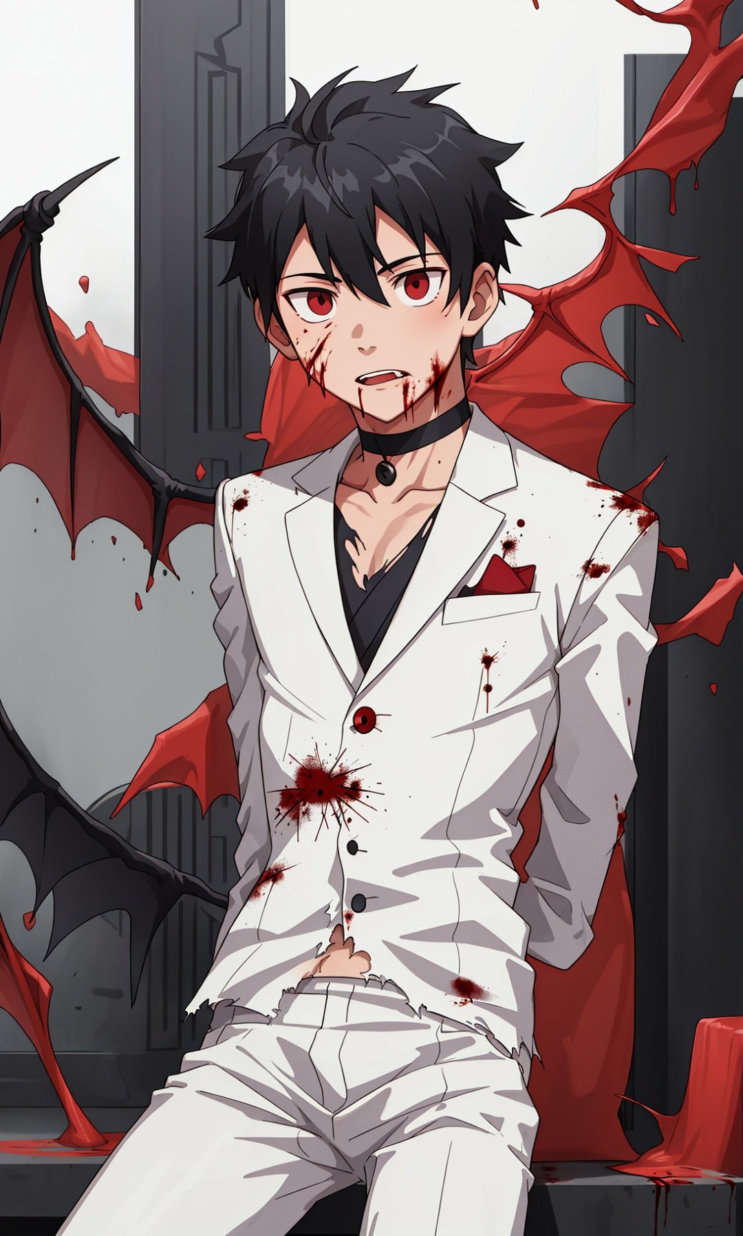 1boy,black hair,red eyes,male,sun,suit,white suit,bat wings,torn suit,blood,slience face,arm behind back,choker