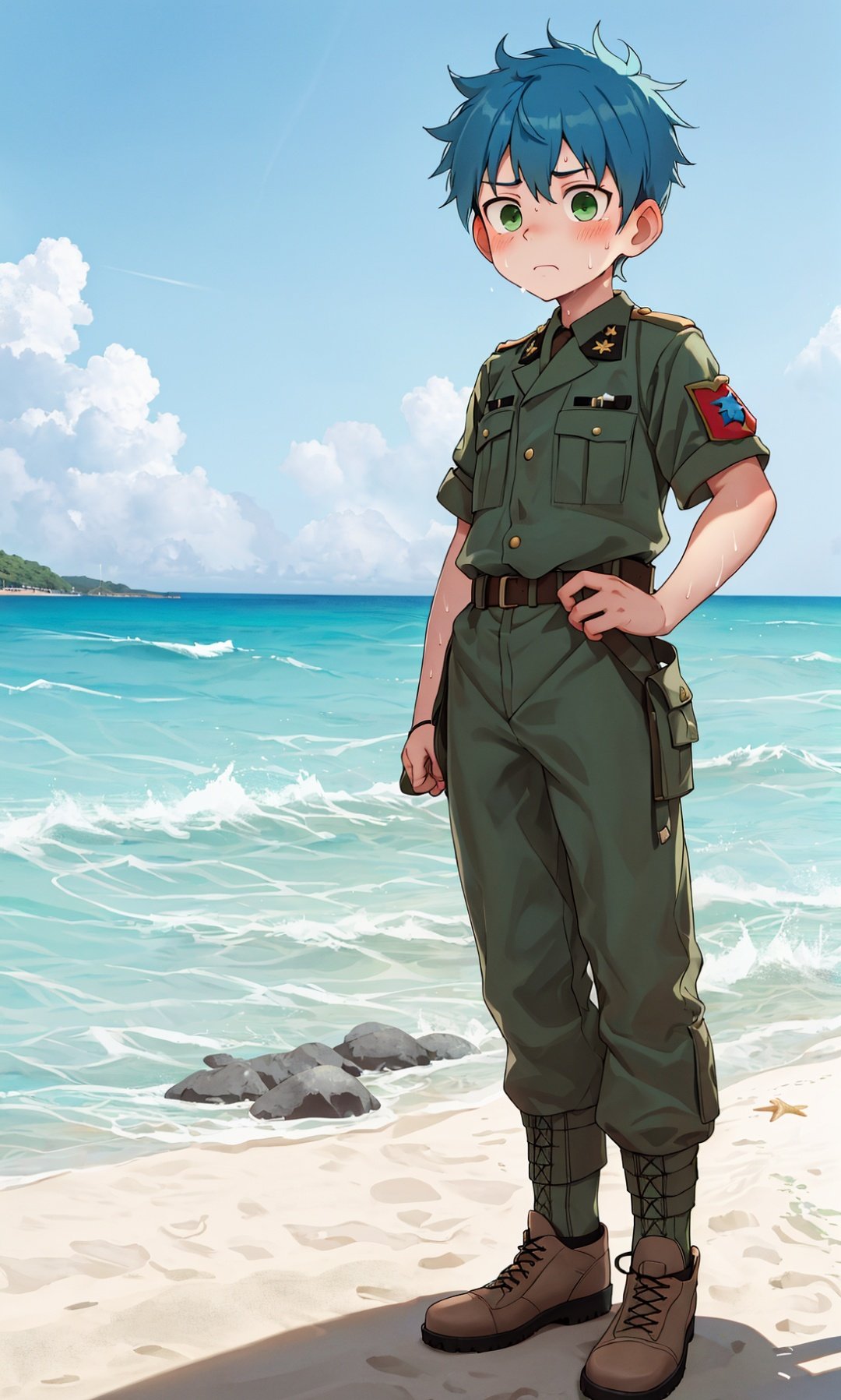 masterpiece, best quality, Boy, male, blue hair, short hair, green eyes, shota, military uniform, soldier, sweat, big eyes, cute face,fighting,sky,beach,solo,only,1boy,full body