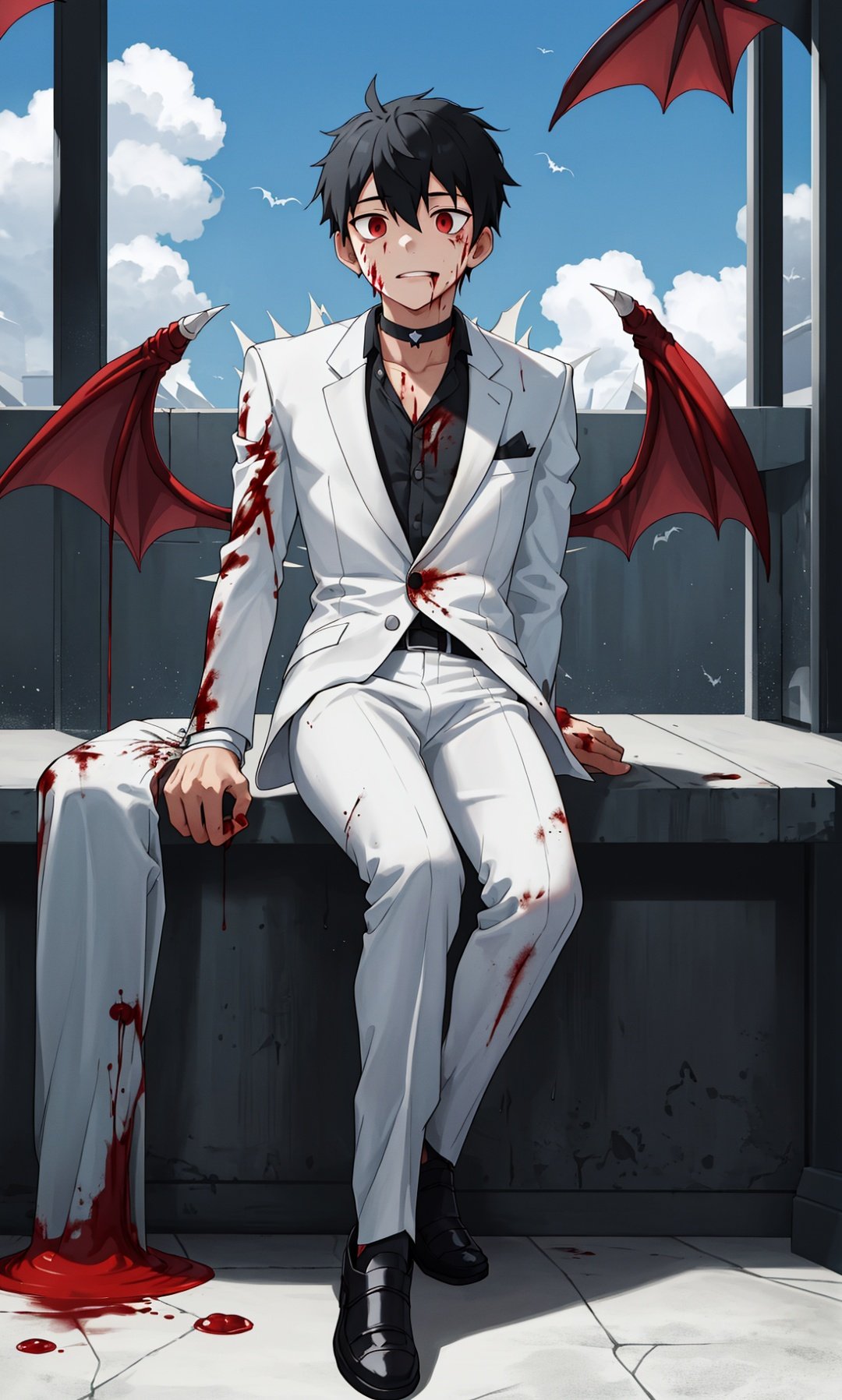 1boy,black hair,red eyes,male,sun,suit,white suit,bat wings,torn suit,blood,slience face,arm behind back,choker,full body,sit