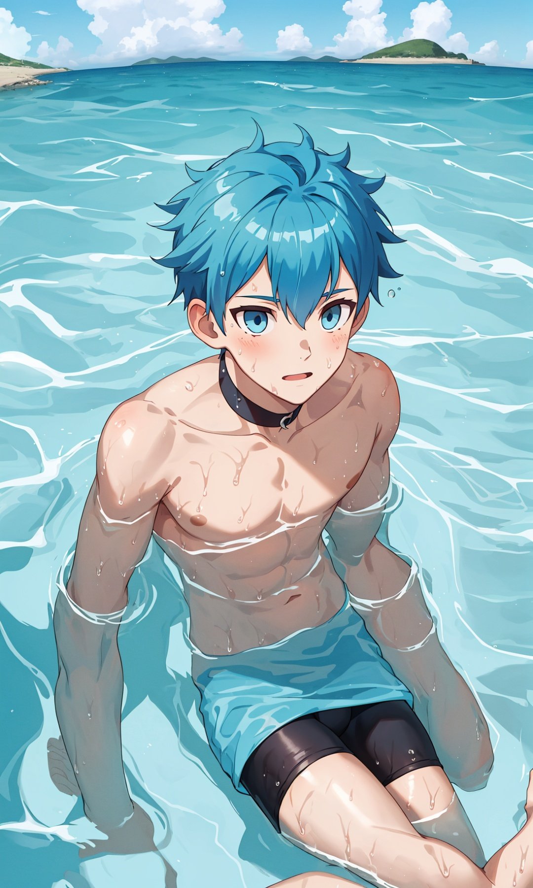 1boy,in water,sea,in sea,blue eyes,blue hair,topless,malce,choker,muscle,bike short,