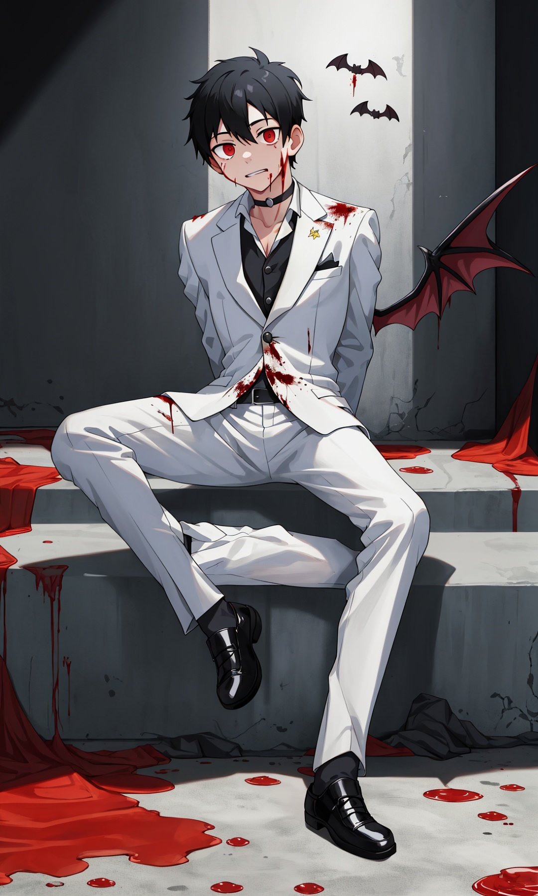 1boy,black hair,red eyes,male,sun,suit,white suit,bat wings,torn suit,blood,slience face,arm behind back,choker,full body,sit