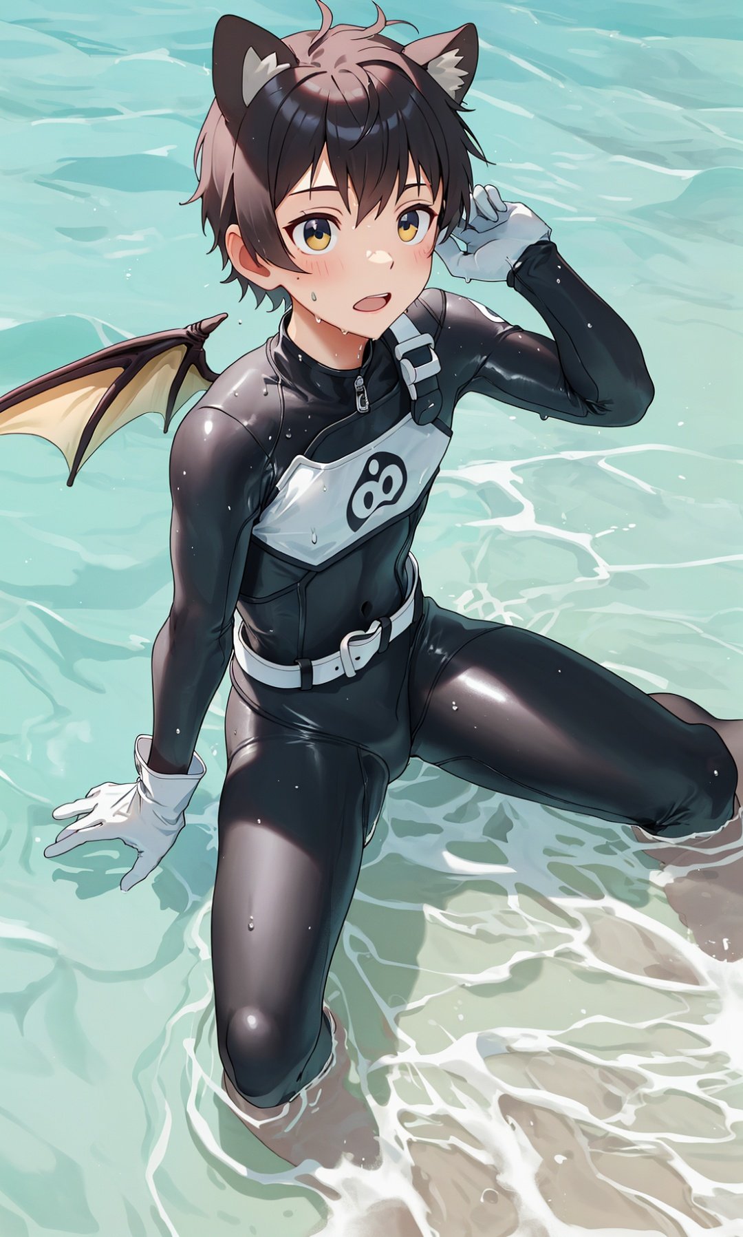 solo,animal ears, gloves, white_gloves, belt,dragonwings,short hair,sit,wetsuit,owo,short hair